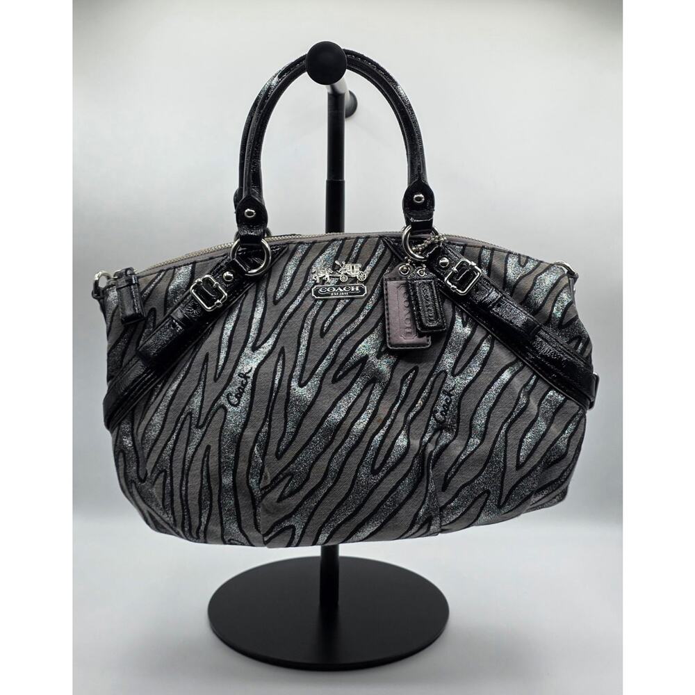 Coach F13926 Zebra Print Shimmer Satchel Black Gray Patent Leather Shoulder Bag